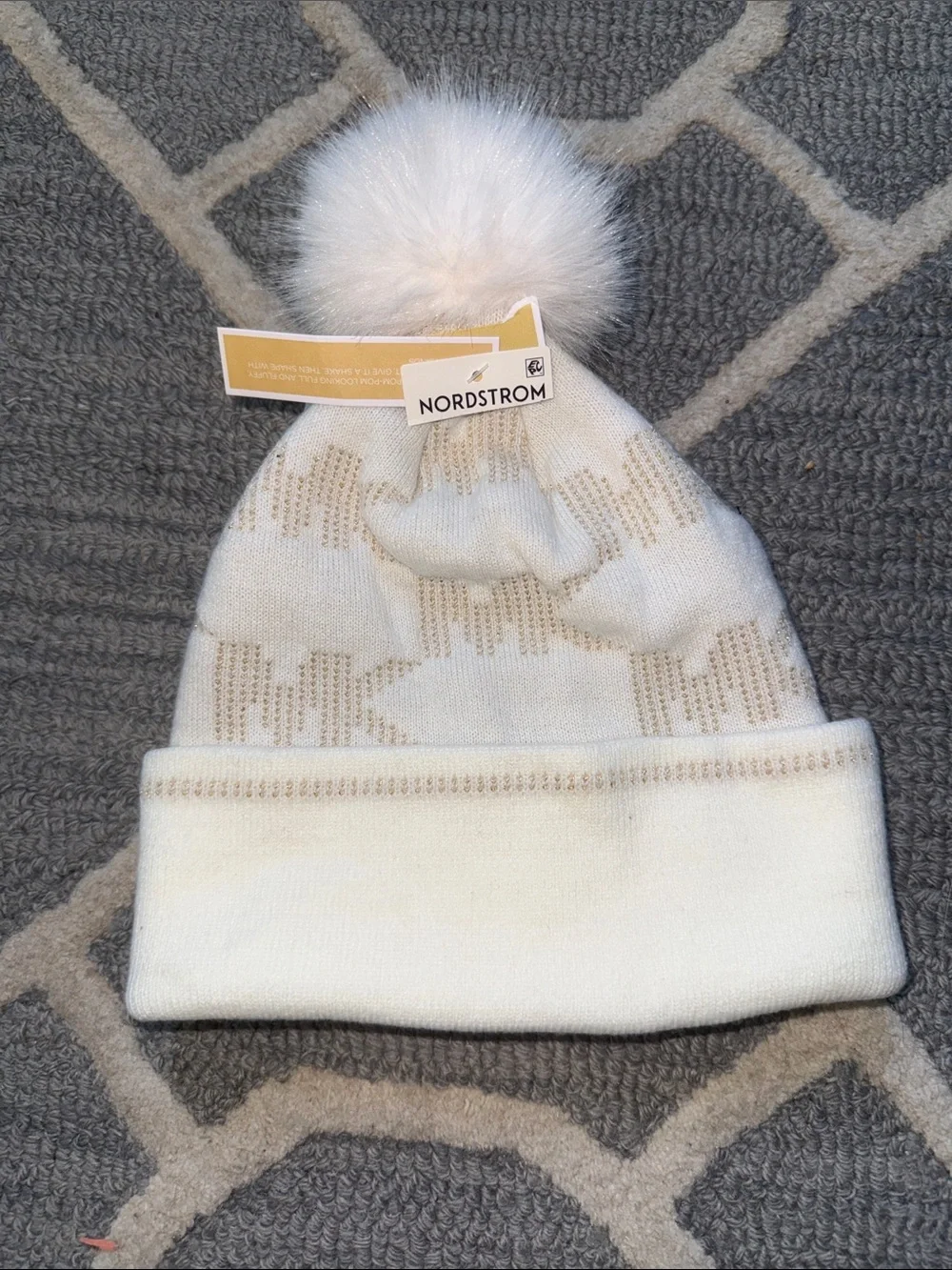 Michael Kors Diamond Cable Pom Beanie Cream Gold NWT